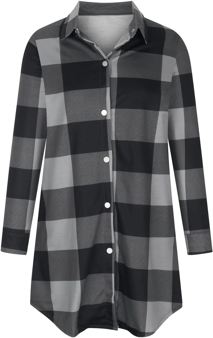 Women Plaid Trench Coats Long Sleeve Flannel Shirts Jackets Button Down Shackets Casual Trendy Fall Winter Outfits