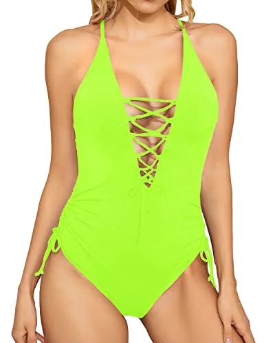Women Plunge V Neck Lace Up Sexy Tummy Control One Piece Swimsuit-Yellow Green
