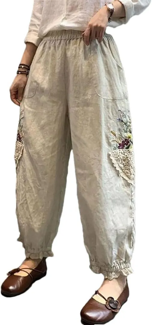 Women Pockets Elastic Breathable Trousers Loose Waist Retro Sweet Harajuku Style Harem Pants