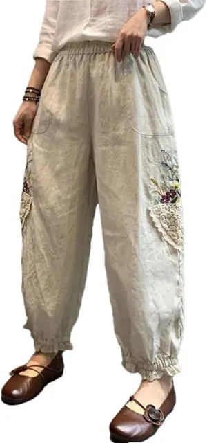 Women Pockets Elastic Breathable Trousers Loose Waist Retro Sweet Harajuku Style Harem Pants