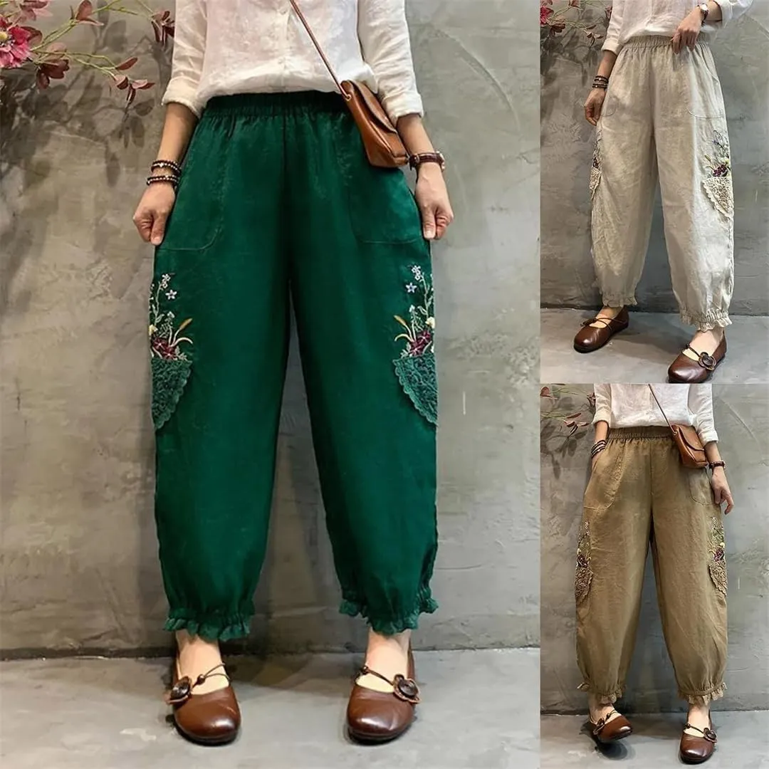 Women Pockets Elastic Breathable Trousers Loose Waist Retro Sweet Harajuku Style Harem Pants