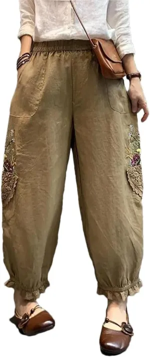 Women Pockets Elastic Breathable Trousers Loose Waist Retro Sweet Harajuku Style Harem Pants