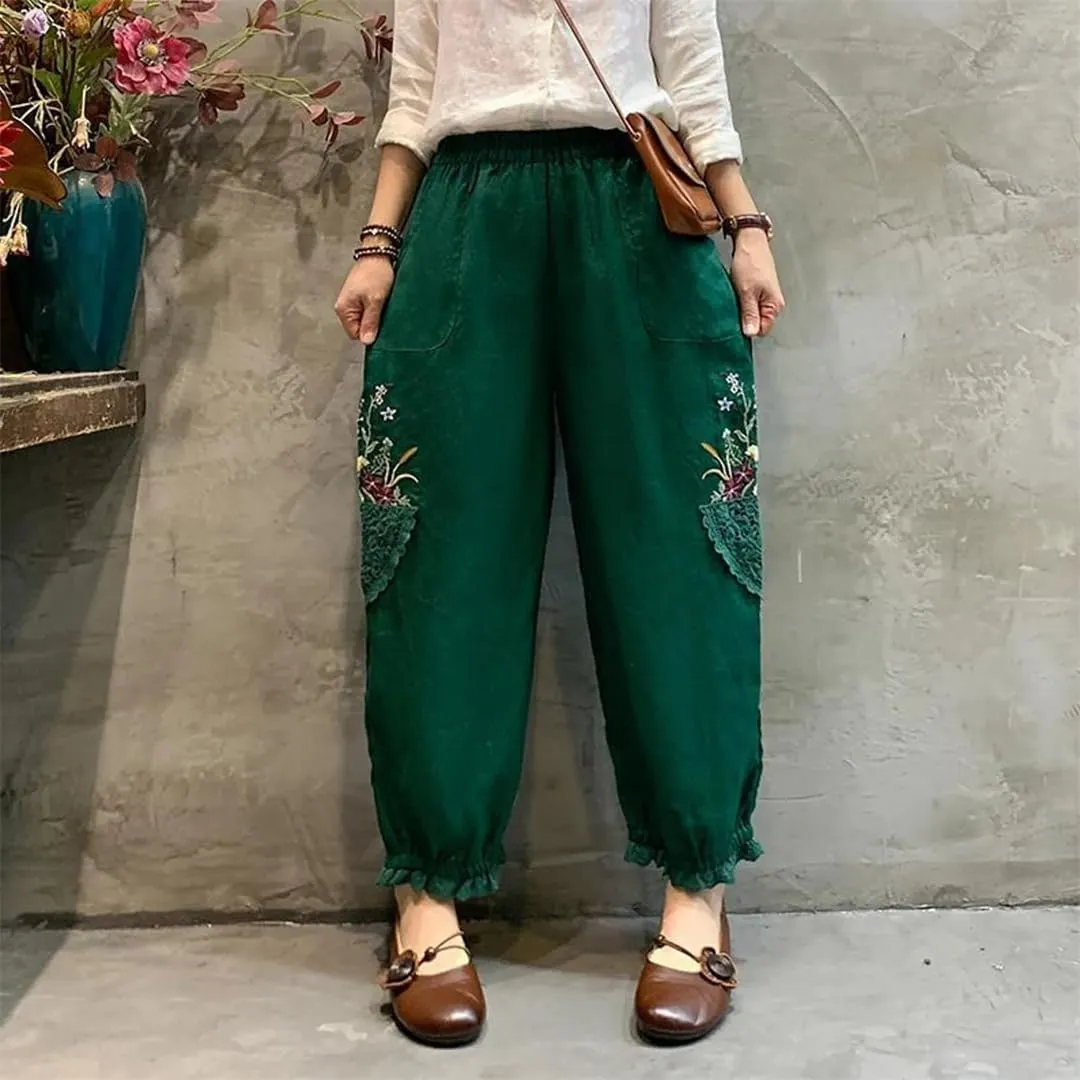 Women Pockets Elastic Breathable Trousers Loose Waist Retro Sweet Harajuku Style Harem Pants