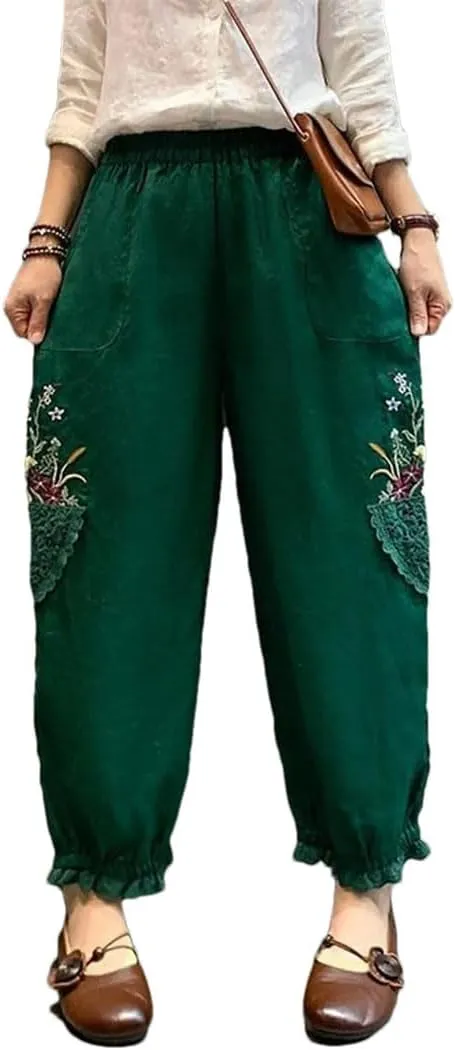 Women Pockets Elastic Breathable Trousers Loose Waist Retro Sweet Harajuku Style Harem Pants
