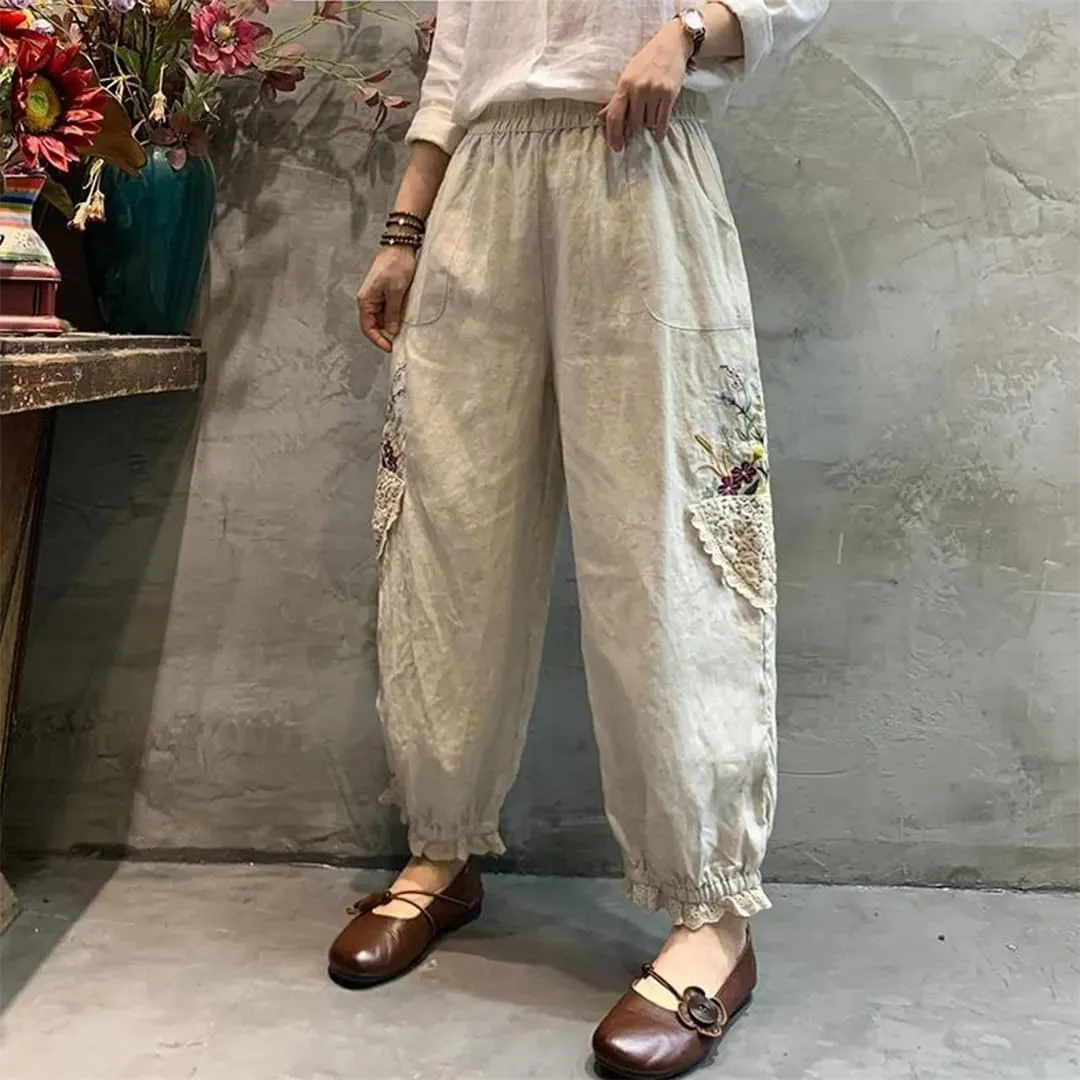 Women Pockets Elastic Breathable Trousers Loose Waist Retro Sweet Harajuku Style Harem Pants