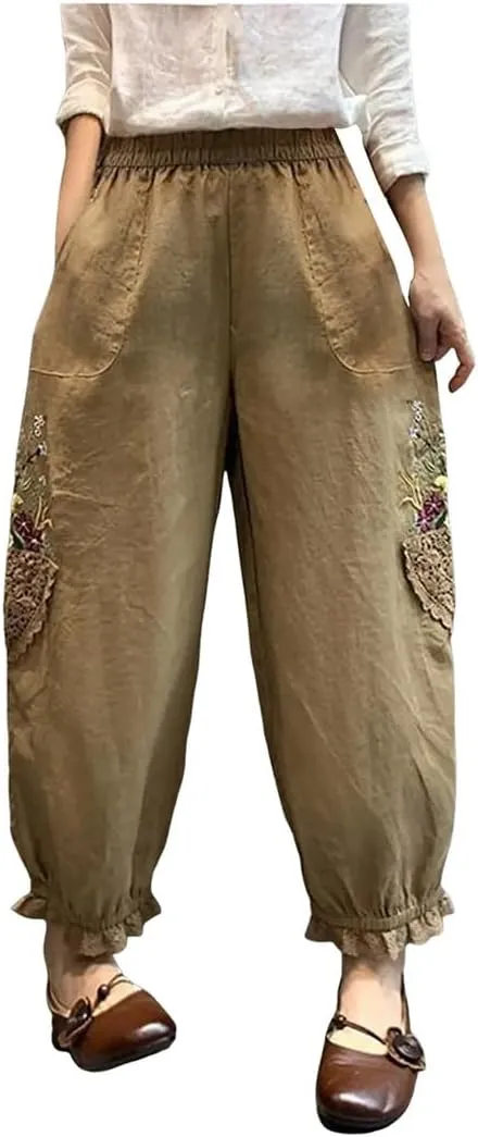 Women Pockets Elastic Breathable Trousers Loose Waist Retro Sweet Harajuku Style Harem Pants