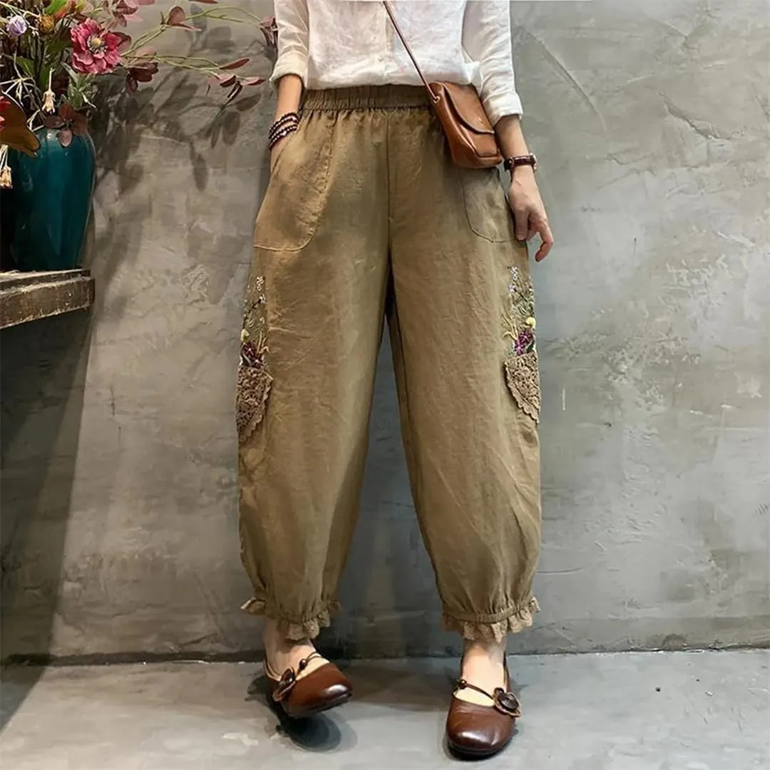 Women Pockets Elastic Breathable Trousers Loose Waist Retro Sweet Harajuku Style Harem Pants