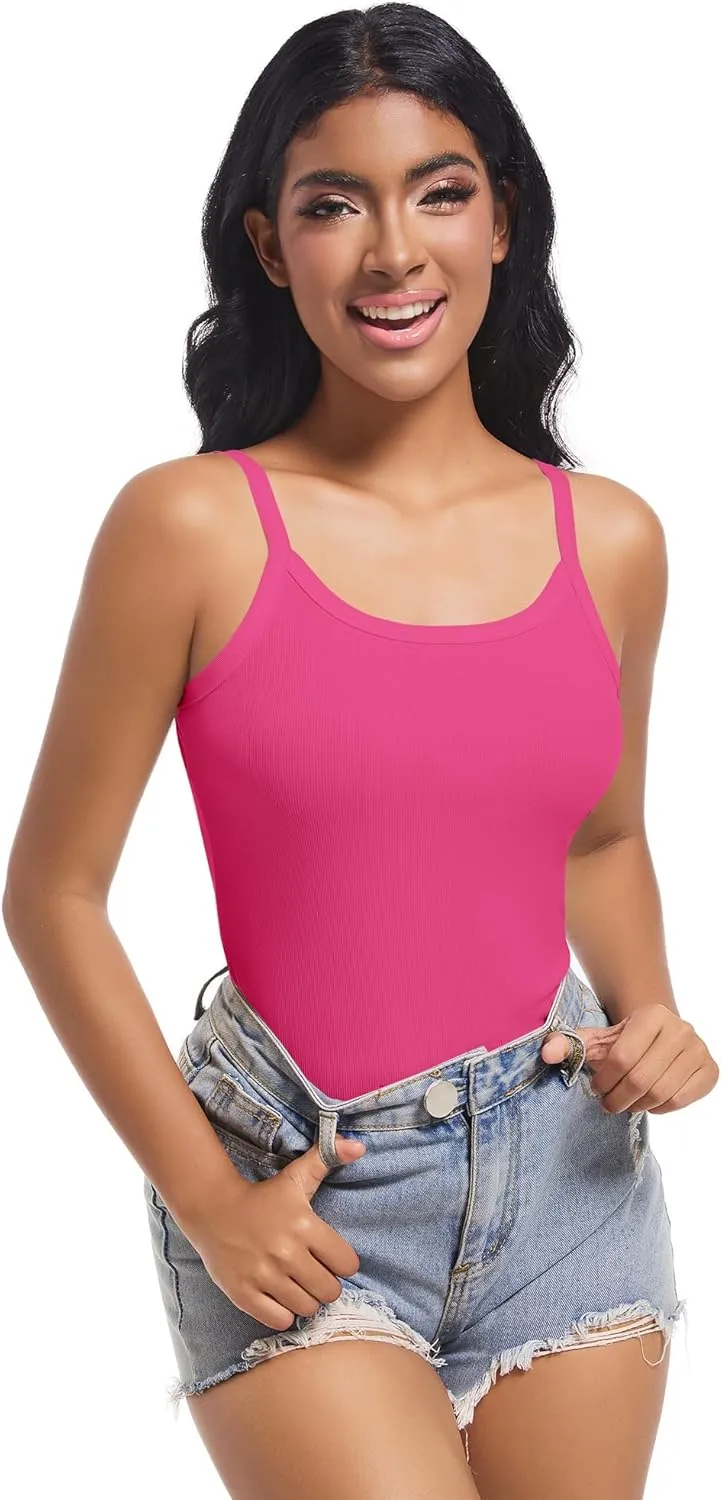 Women Scoop Neck Spaghetti Strap Ribbed Tank Tops Slim Fitted Shirts Basic Sleeveless Layering Camisole