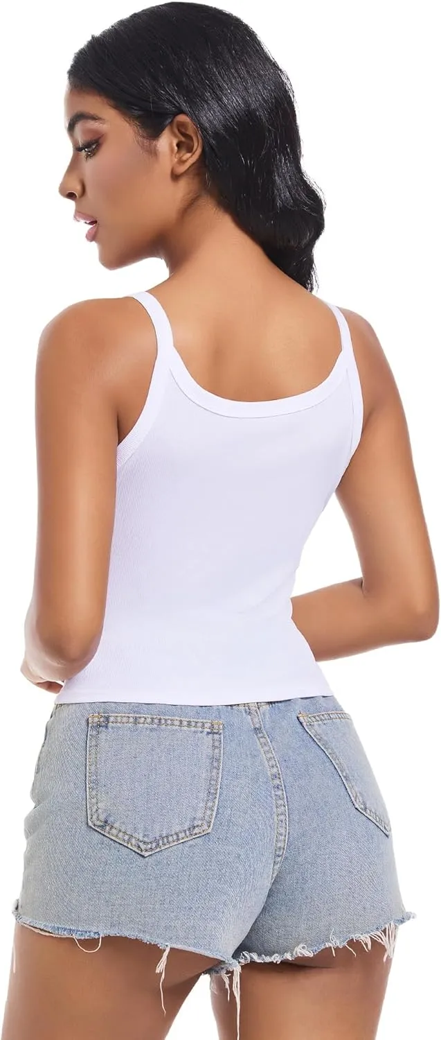 Women Scoop Neck Spaghetti Strap Ribbed Tank Tops Slim Fitted Shirts Basic Sleeveless Layering Camisole