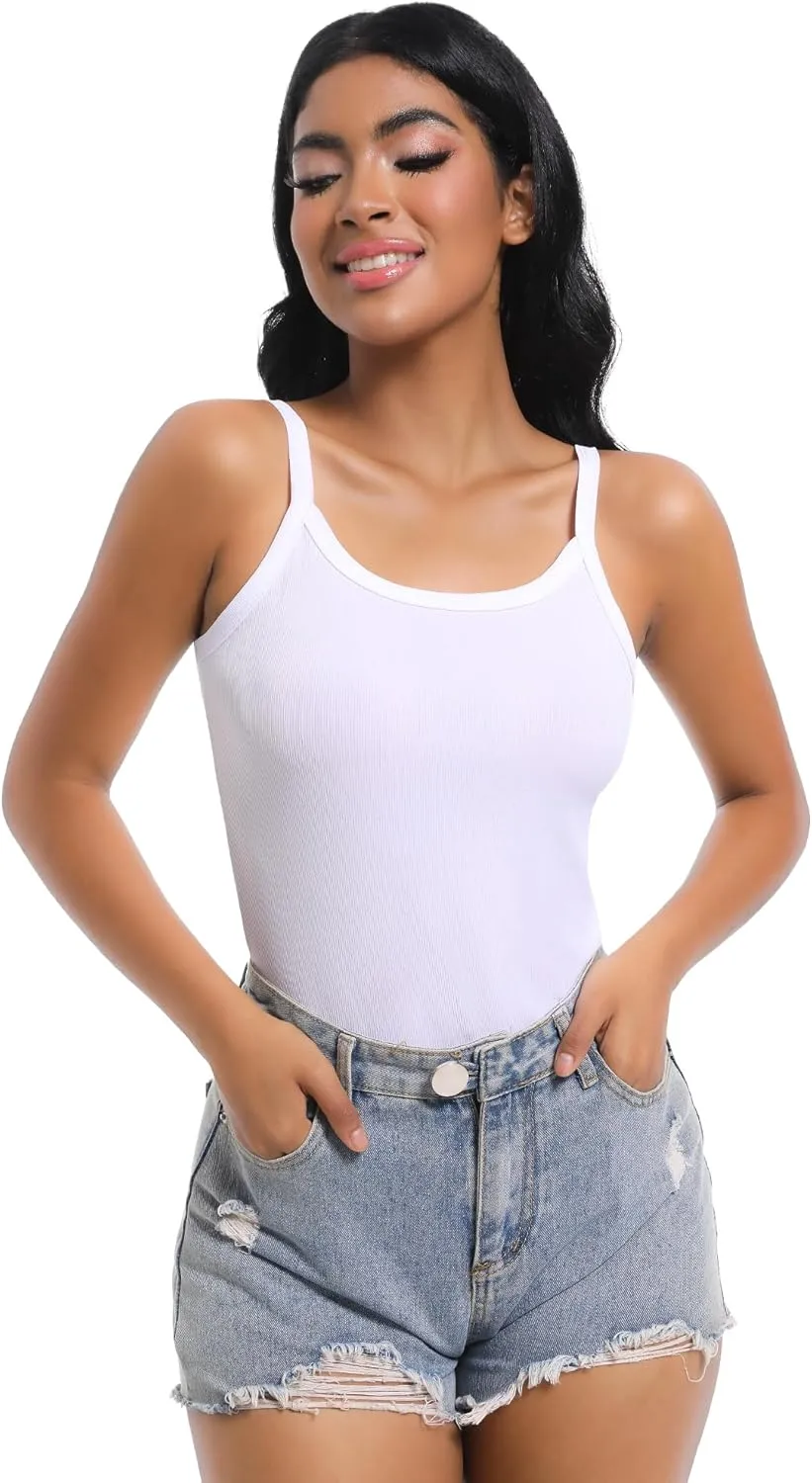 Women Scoop Neck Spaghetti Strap Ribbed Tank Tops Slim Fitted Shirts Basic Sleeveless Layering Camisole