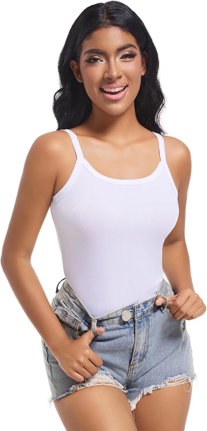 Women Scoop Neck Spaghetti Strap Ribbed Tank Tops Slim Fitted Shirts Basic Sleeveless Layering Camisole