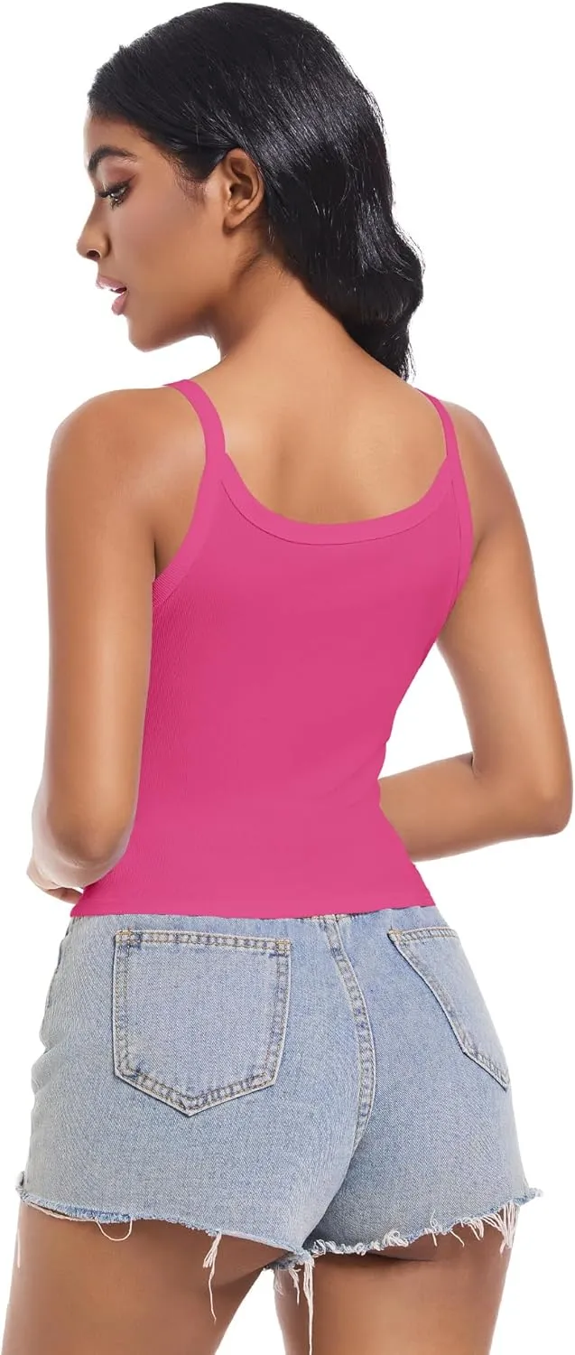 Women Scoop Neck Spaghetti Strap Ribbed Tank Tops Slim Fitted Shirts Basic Sleeveless Layering Camisole