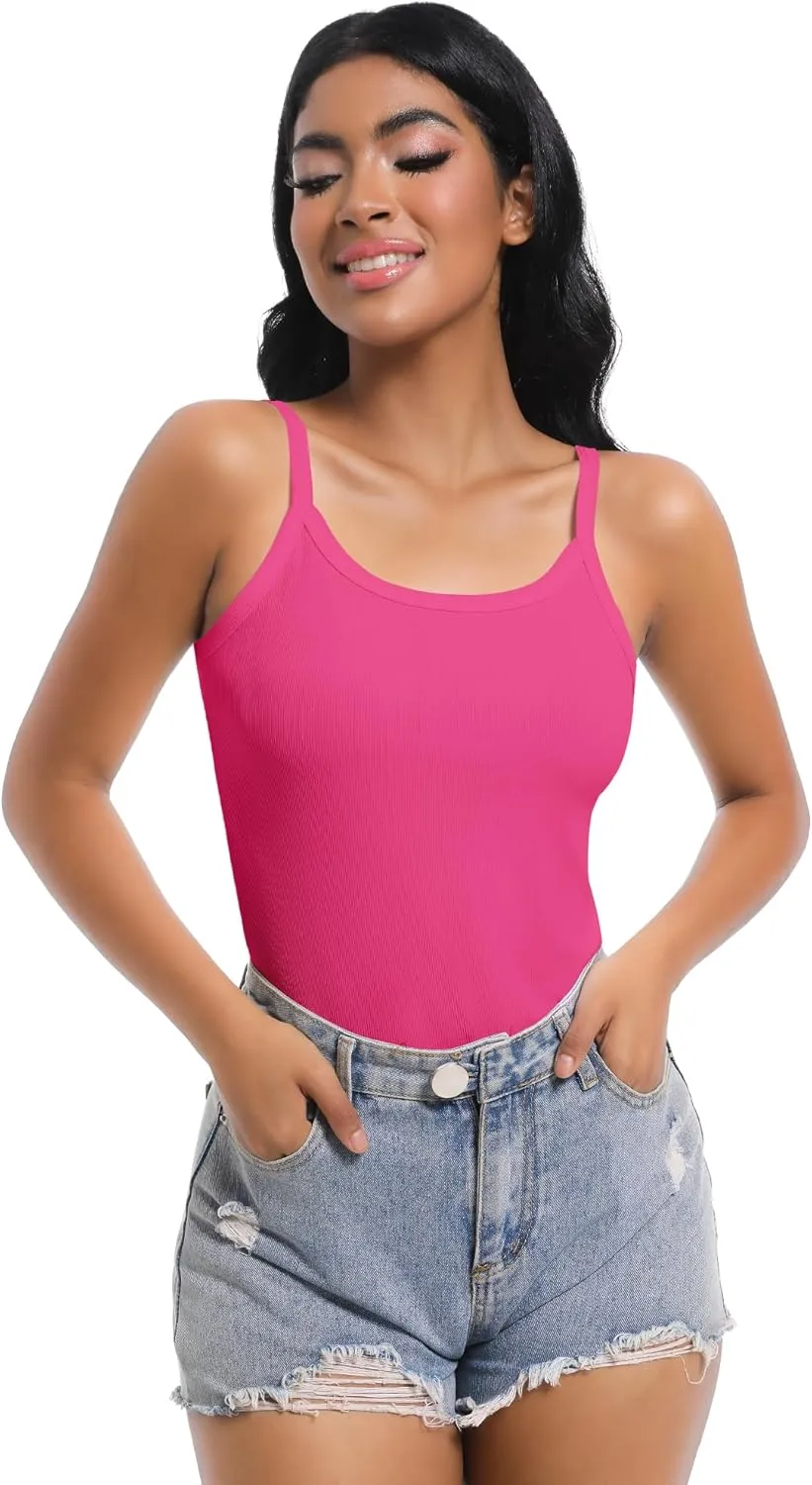 Women Scoop Neck Spaghetti Strap Ribbed Tank Tops Slim Fitted Shirts Basic Sleeveless Layering Camisole