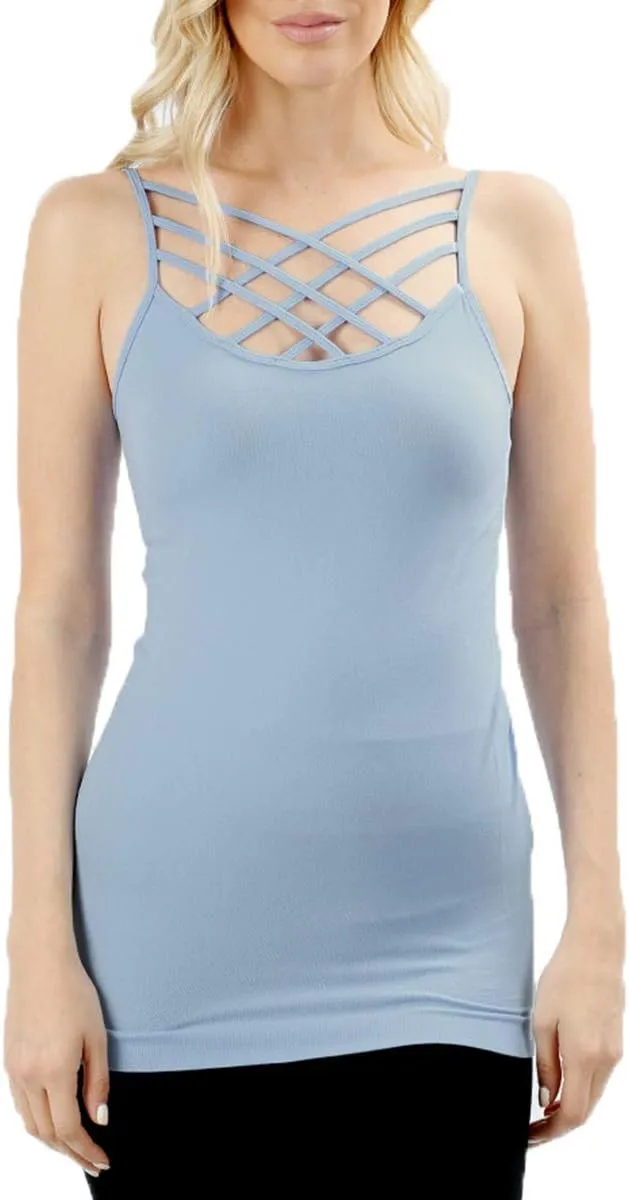 Women Sexy Criss Cross Front Spaghetti Strap Basic Round HollowOut Neck Seamless Camisole Tank Top