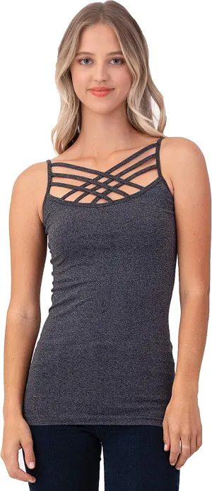 Women Sexy Criss Cross Front Spaghetti Strap Basic Round HollowOut Neck Seamless Camisole Tank Top