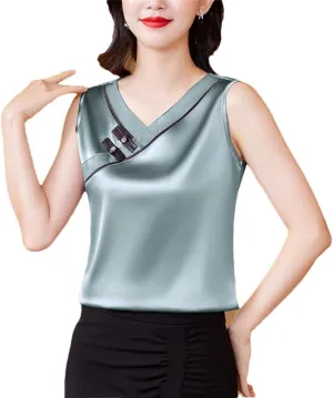 Women Spring Summer Silk Stain Tank Tops Retro V Neck Patchwork Vest Shirt Chinese Style Sleeveless Camisole