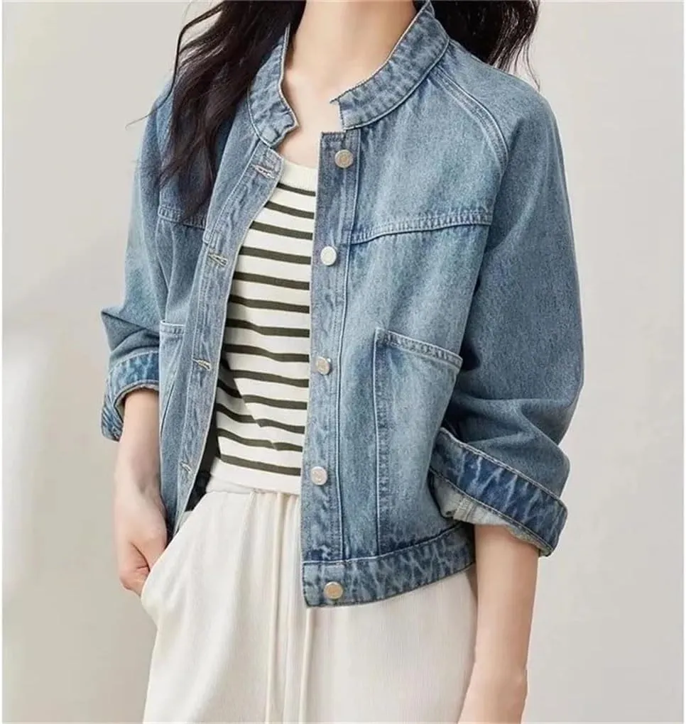 Women Stand-Up Collar Long Sleeved Denim Coat Female Short Washing Cowboy Jacket