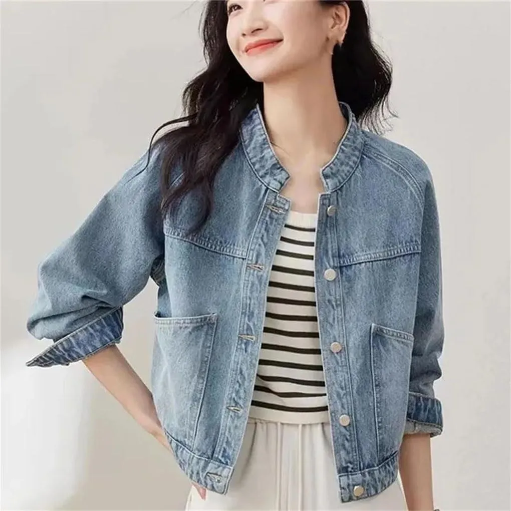 Women Stand-Up Collar Long Sleeved Denim Coat Female Short Washing Cowboy Jacket