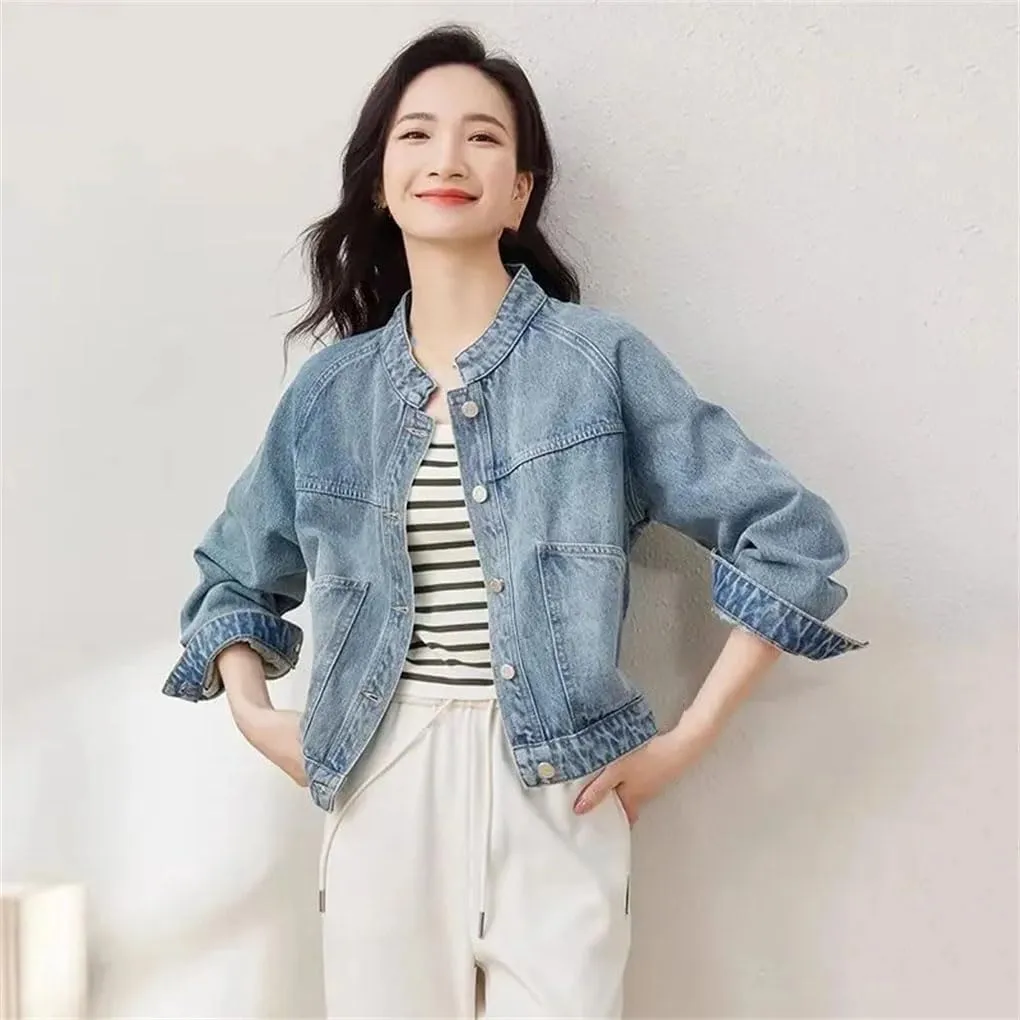 Women Stand-Up Collar Long Sleeved Denim Coat Female Short Washing Cowboy Jacket