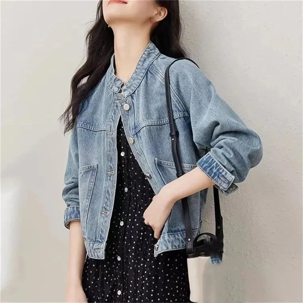 Women Stand-Up Collar Long Sleeved Denim Coat Female Short Washing Cowboy Jacket