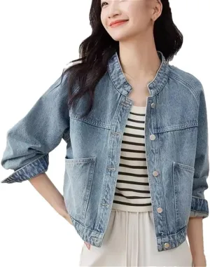 Women Stand-Up Collar Long Sleeved Denim Coat Female Short Washing Cowboy Jacket