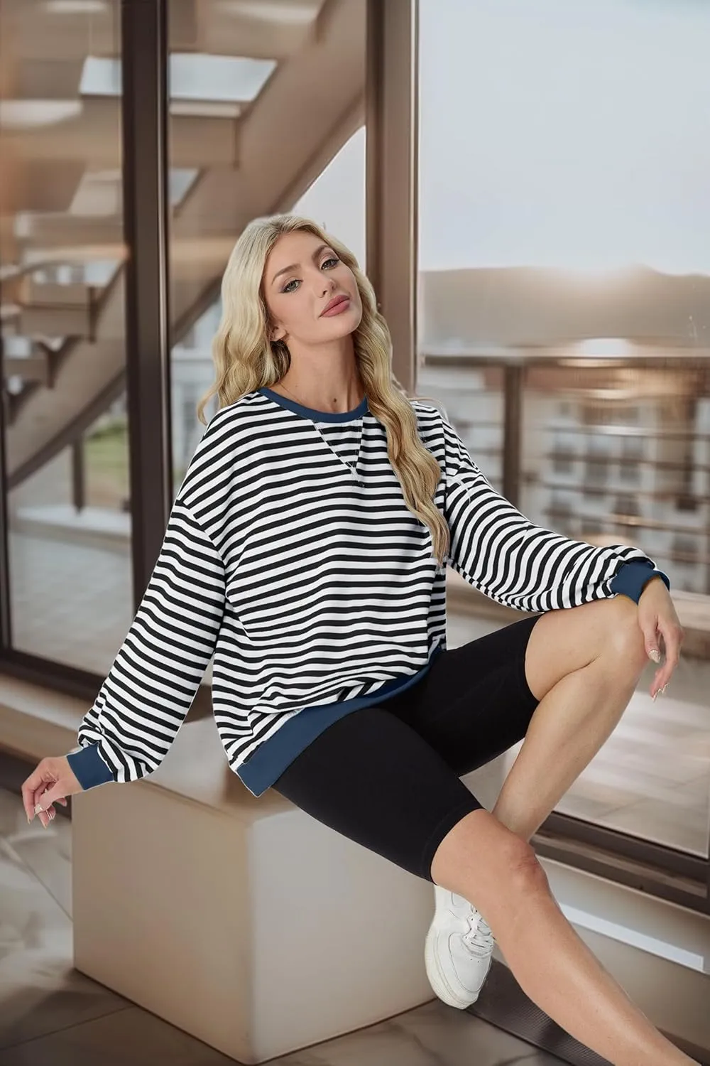 Women Sweatshirt Striped Crew Neck Oversized Long Sleeve Sweatshirt Color Block Loose Pullover