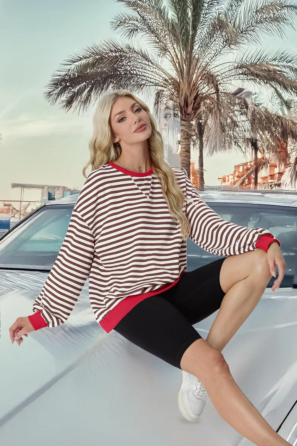 Women Sweatshirt Striped Crew Neck Oversized Long Sleeve Sweatshirt Color Block Loose Pullover