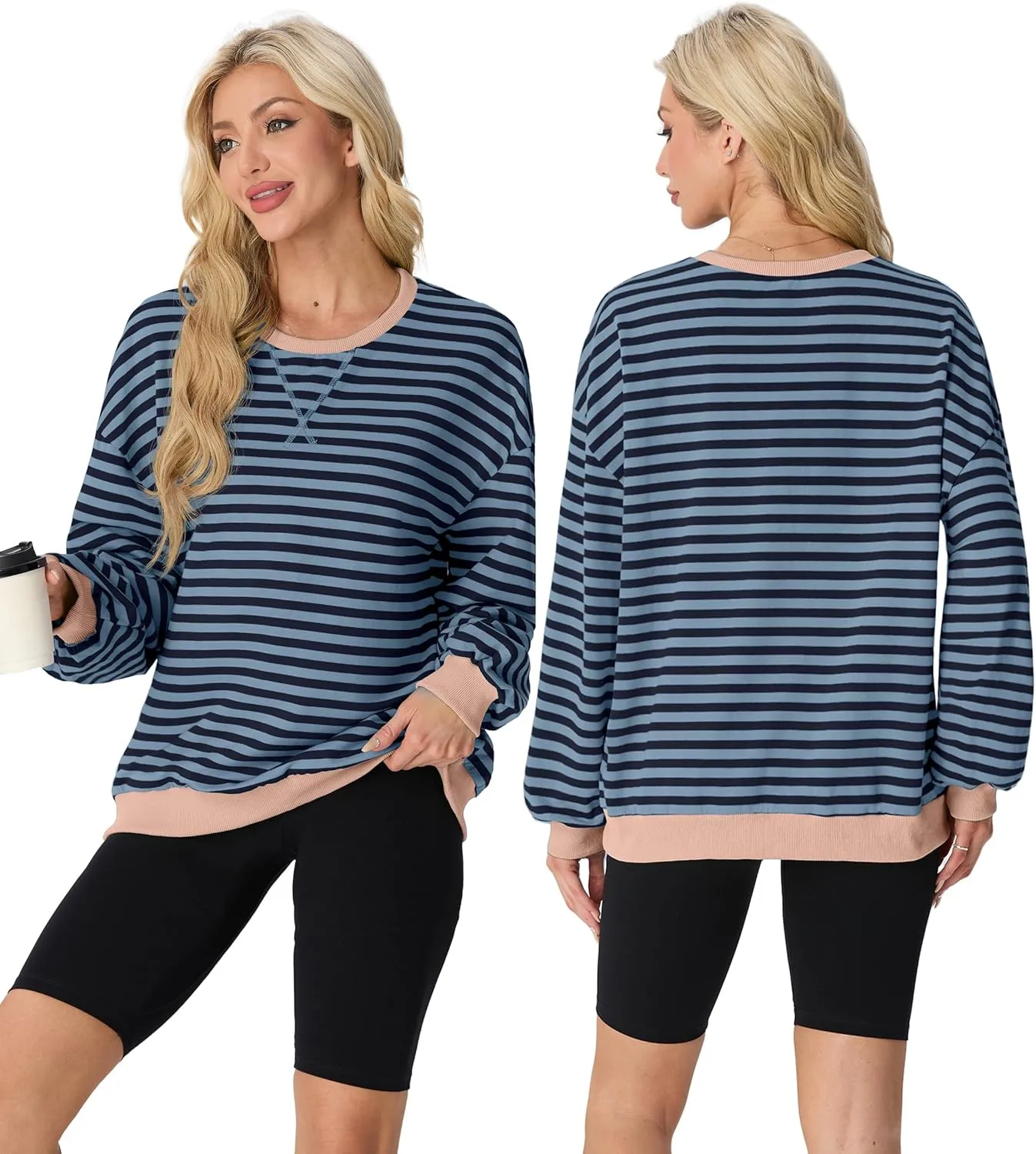 Women Sweatshirt Striped Crew Neck Oversized Long Sleeve Sweatshirt Color Block Loose Pullover