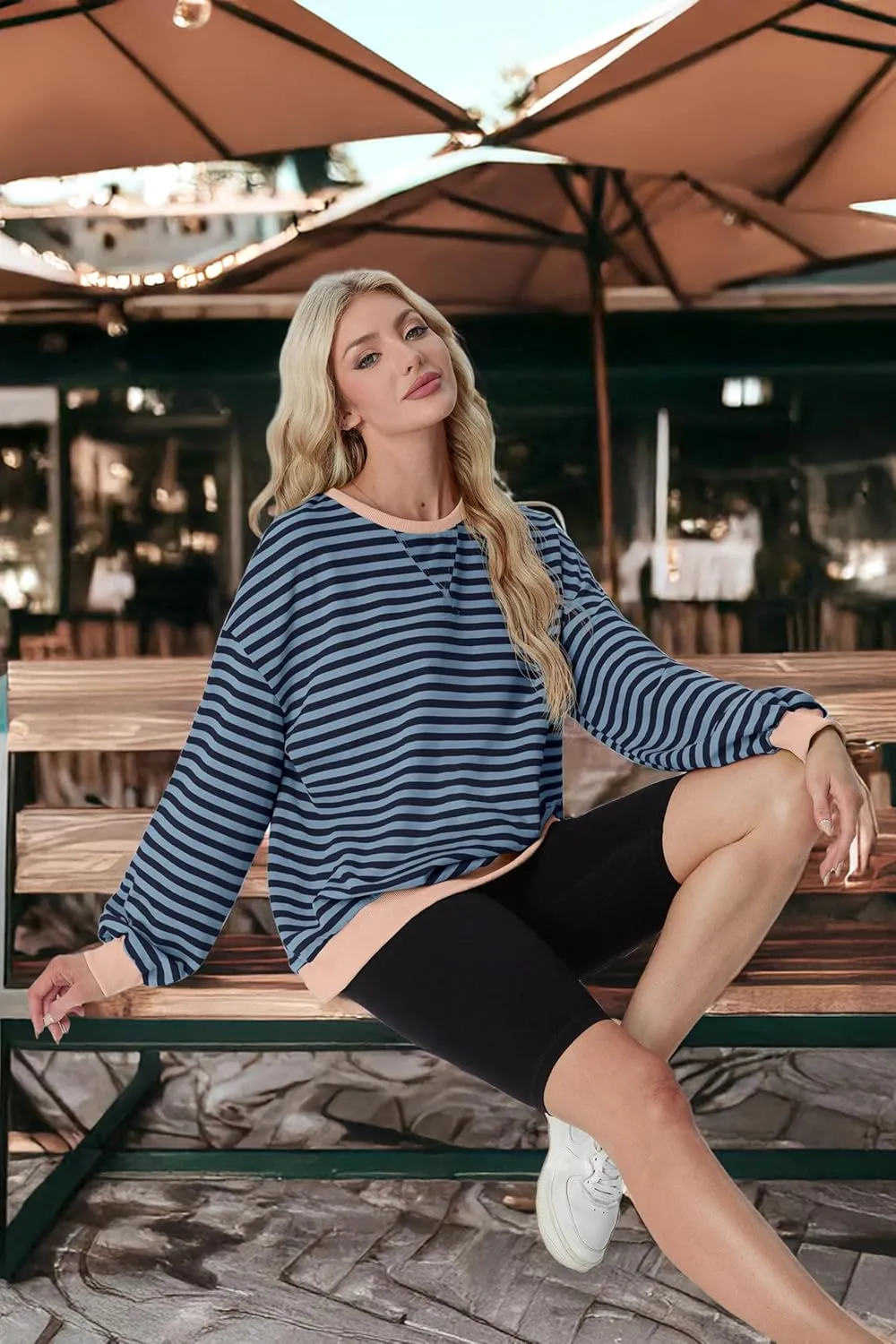 Women Sweatshirt Striped Crew Neck Oversized Long Sleeve Sweatshirt Color Block Loose Pullover