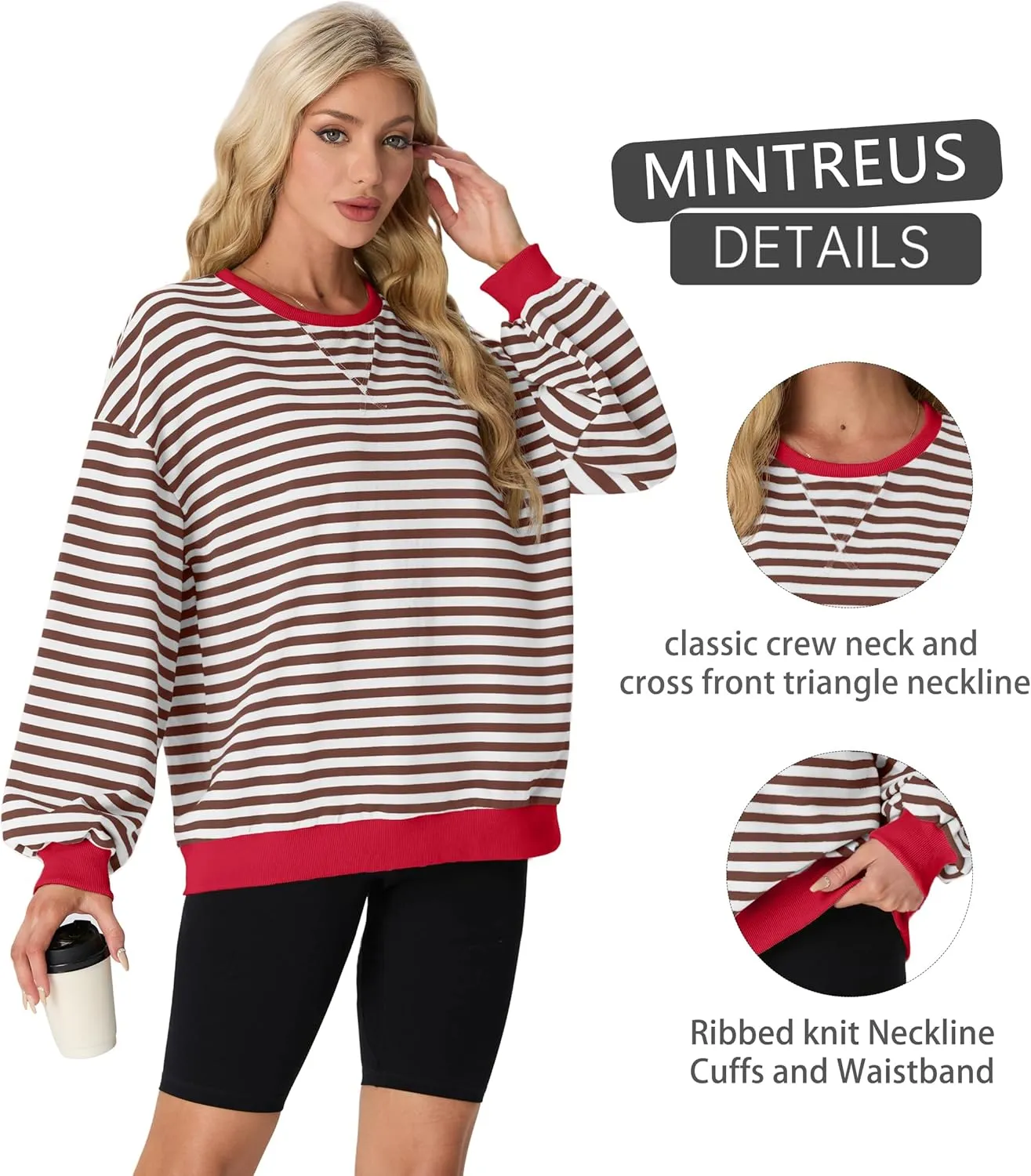 Women Sweatshirt Striped Crew Neck Oversized Long Sleeve Sweatshirt Color Block Loose Pullover
