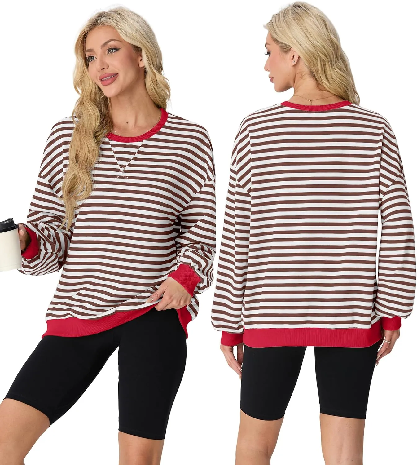 Women Sweatshirt Striped Crew Neck Oversized Long Sleeve Sweatshirt Color Block Loose Pullover