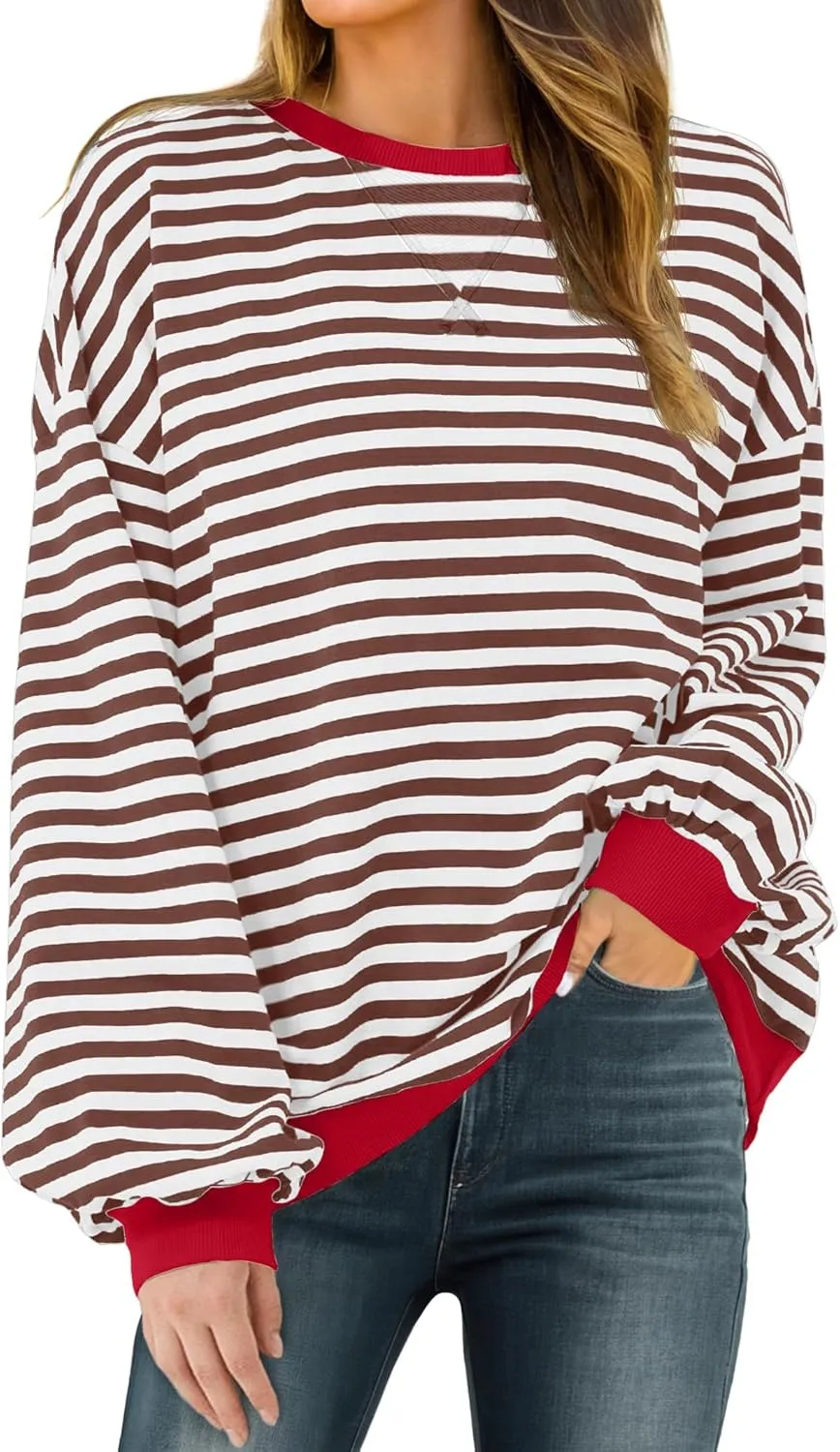 Women Sweatshirt Striped Crew Neck Oversized Long Sleeve Sweatshirt Color Block Loose Pullover