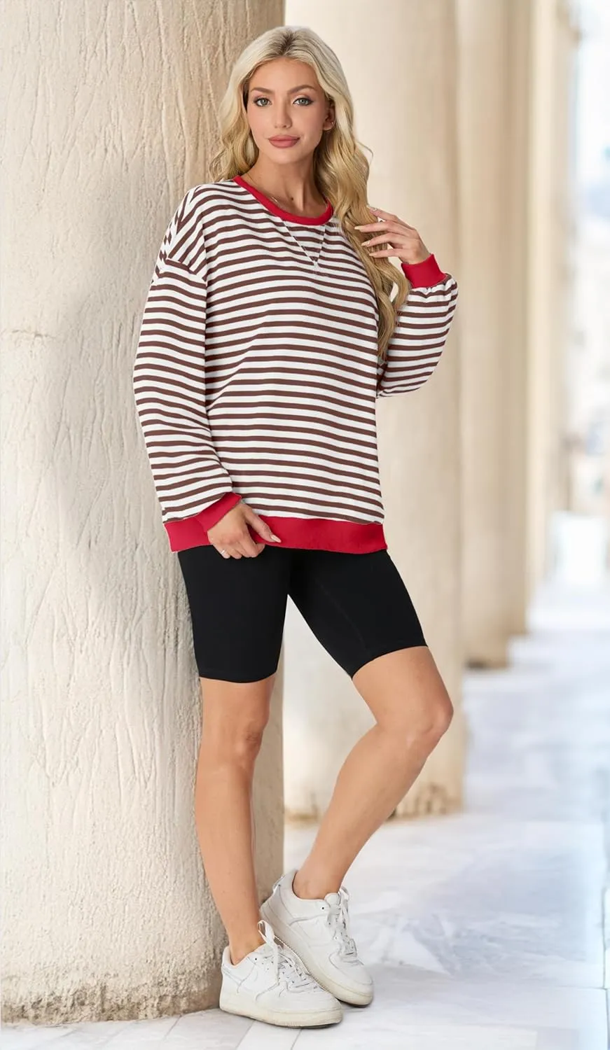 Women Sweatshirt Striped Crew Neck Oversized Long Sleeve Sweatshirt Color Block Loose Pullover