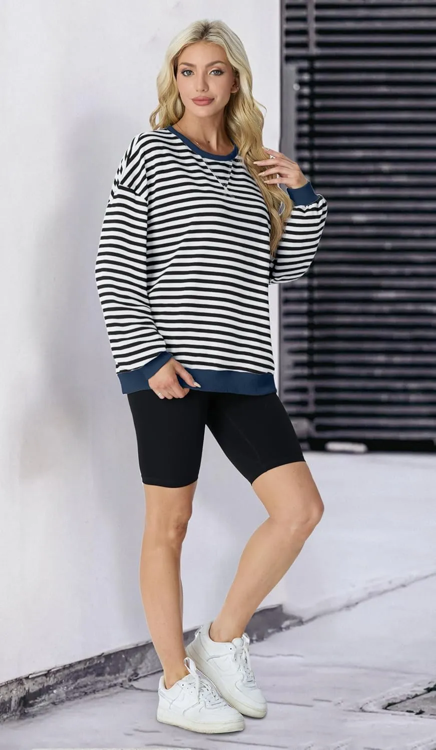 Women Sweatshirt Striped Crew Neck Oversized Long Sleeve Sweatshirt Color Block Loose Pullover