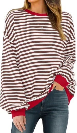 Women Sweatshirt Striped Crew Neck Oversized Long Sleeve Sweatshirt Color Block Loose Pullover