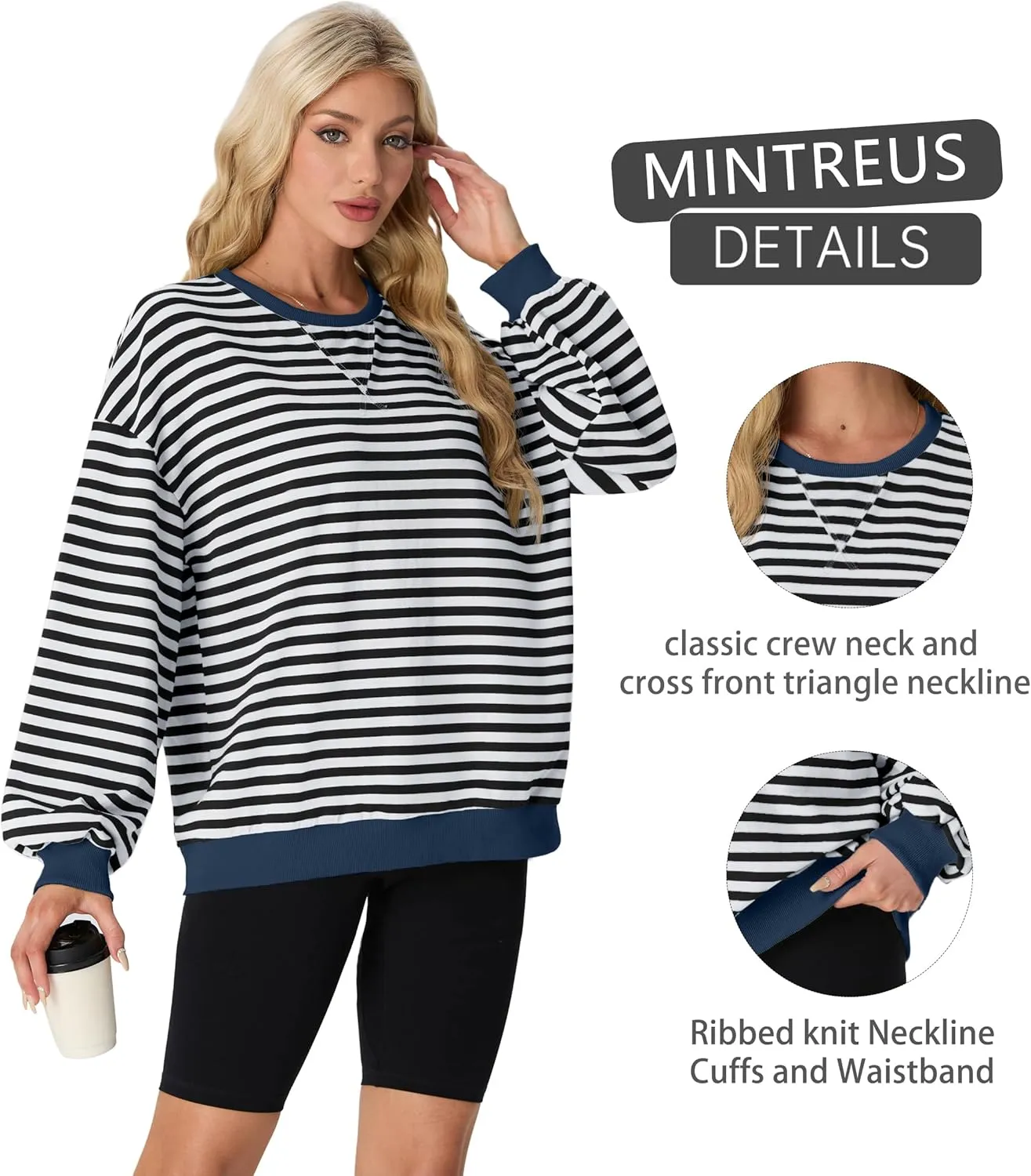 Women Sweatshirt Striped Crew Neck Oversized Long Sleeve Sweatshirt Color Block Loose Pullover