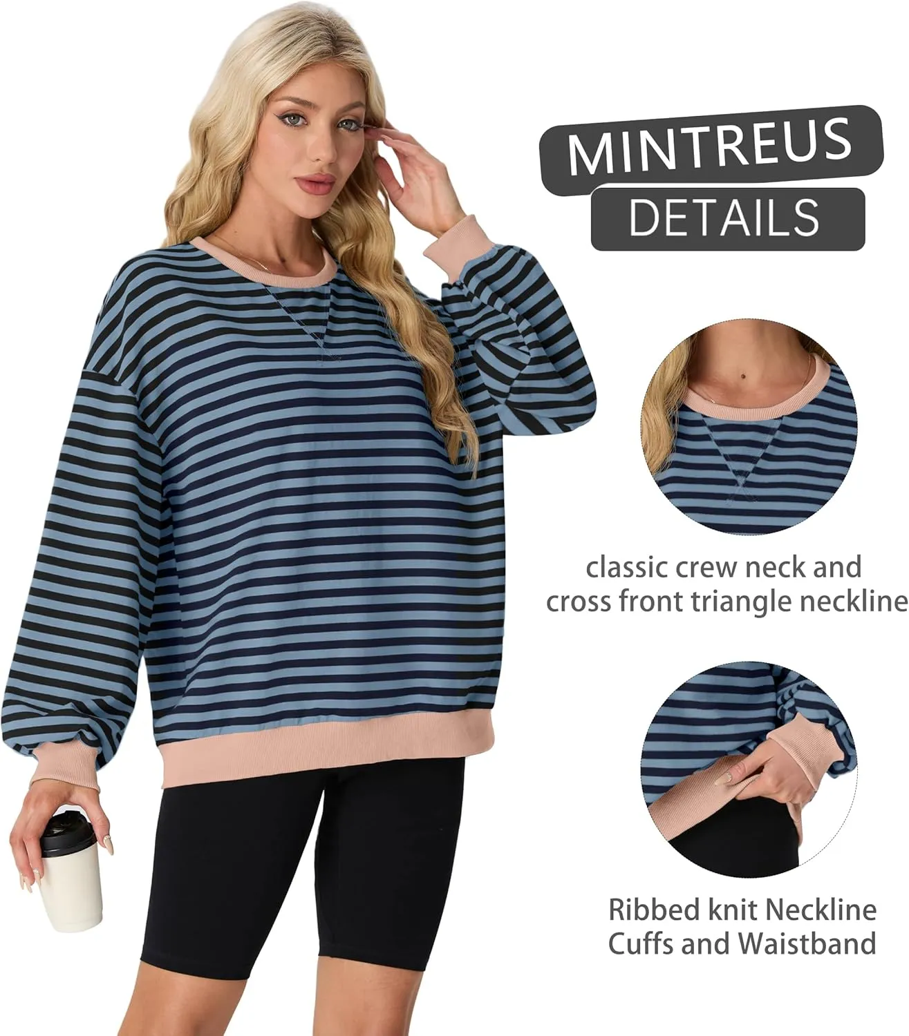 Women Sweatshirt Striped Crew Neck Oversized Long Sleeve Sweatshirt Color Block Loose Pullover