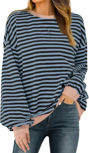 Women Sweatshirt Striped Crew Neck Oversized Long Sleeve Sweatshirt Color Block Loose Pullover