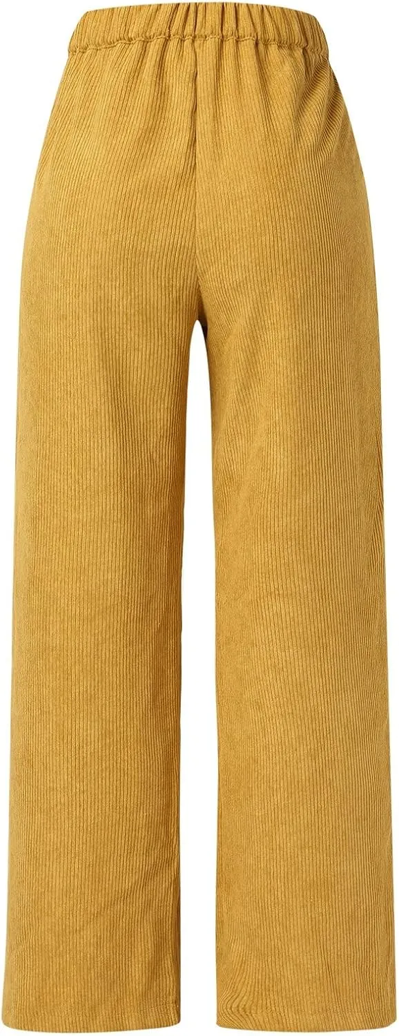Women Wide Leg High Waist Linen Pants Back Elastic Waist Work Casual Trousers