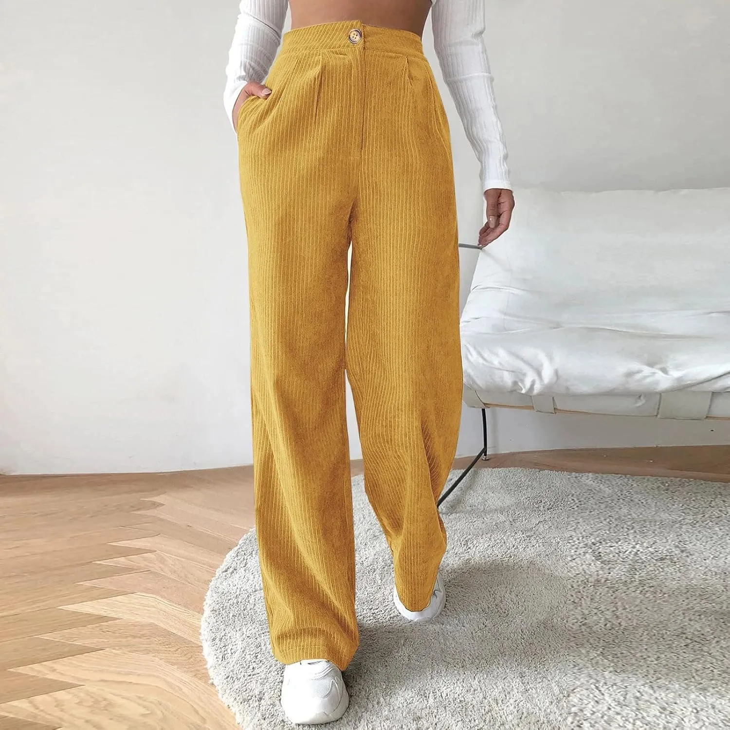 Women Wide Leg High Waist Linen Pants Back Elastic Waist Work Casual Trousers
