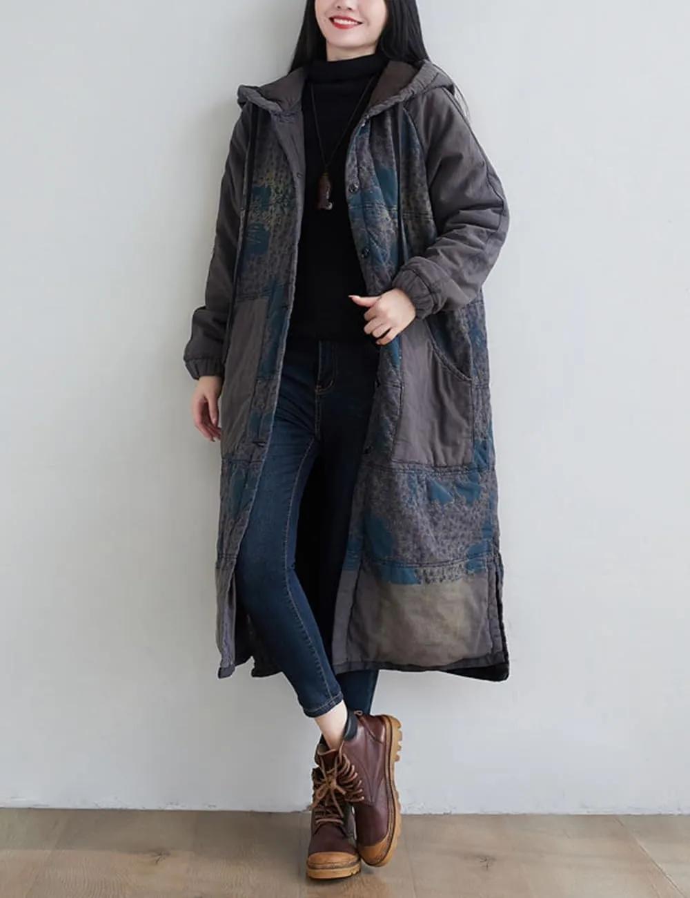 Women Winter Cotton Padded Long Coat Plus Size Button Hoody Jacket Floral Print Outwear