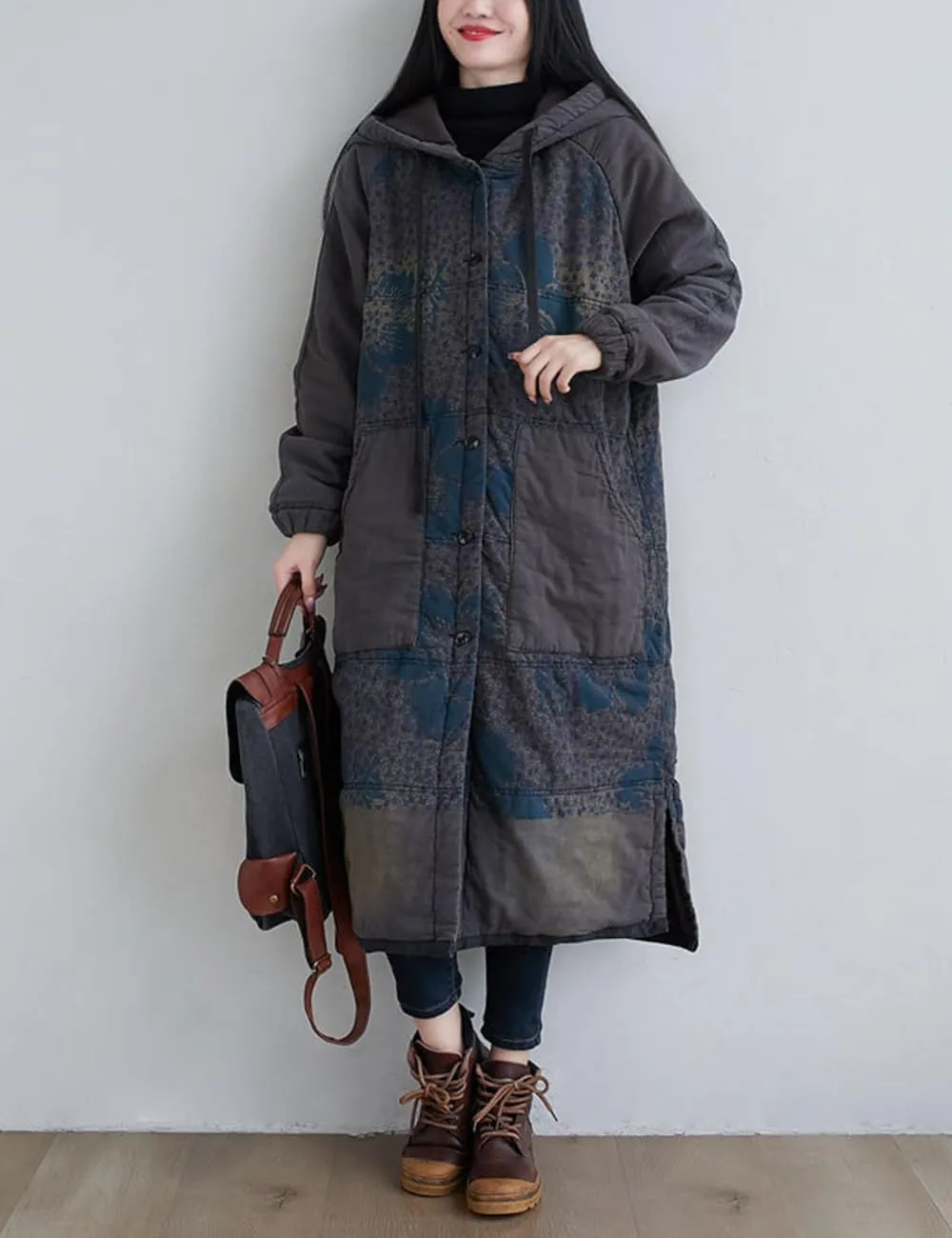 Women Winter Cotton Padded Long Coat Plus Size Button Hoody Jacket Floral Print Outwear