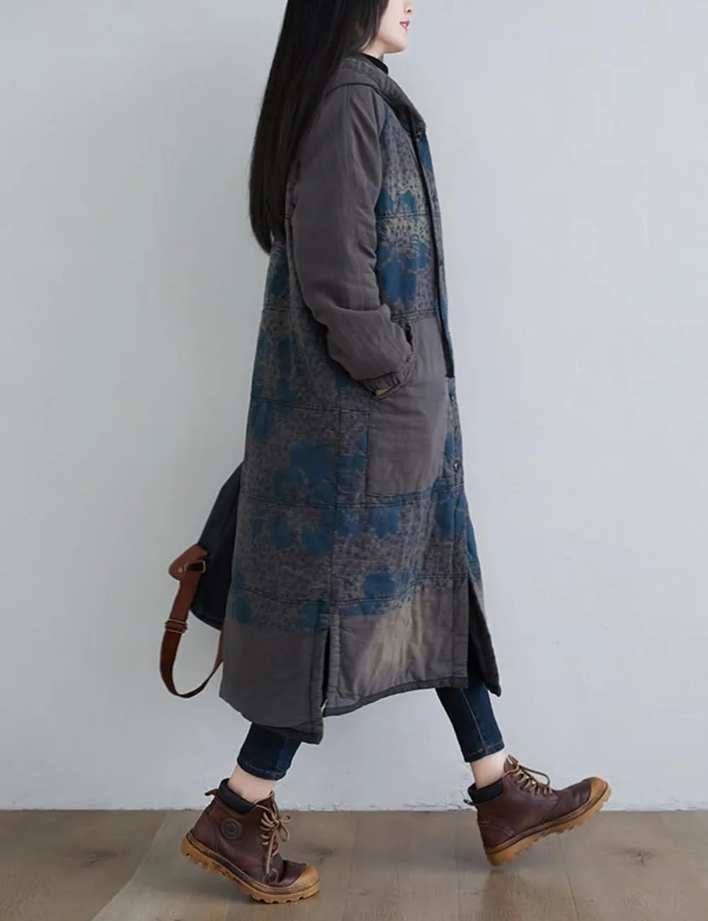 Women Winter Cotton Padded Long Coat Plus Size Button Hoody Jacket Floral Print Outwear