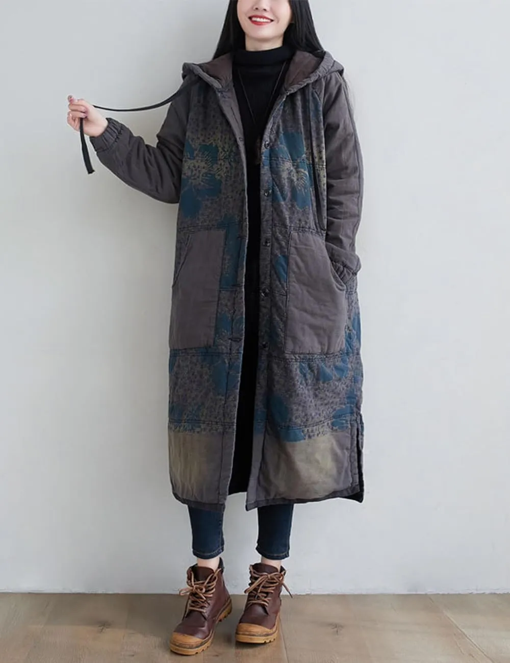 Women Winter Cotton Padded Long Coat Plus Size Button Hoody Jacket Floral Print Outwear