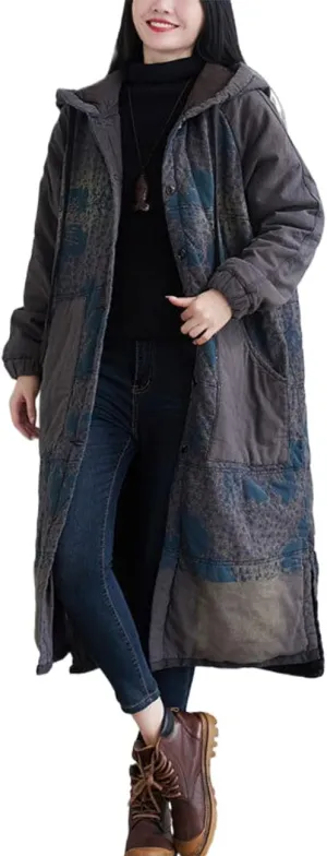 Women Winter Cotton Padded Long Coat Plus Size Button Hoody Jacket Floral Print Outwear
