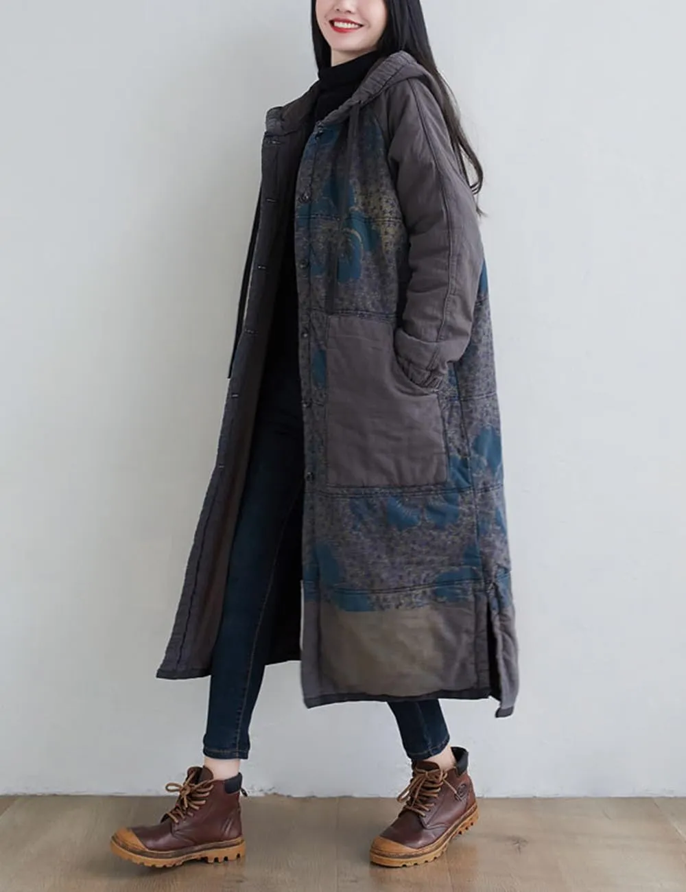 Women Winter Cotton Padded Long Coat Plus Size Button Hoody Jacket Floral Print Outwear