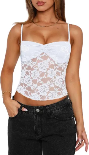 Women Y2k Sheer Lace Camisole Tops Spaghetti Strap See Through Sleeveless Going Out Tank Tops Sheer Mesh T Shirts