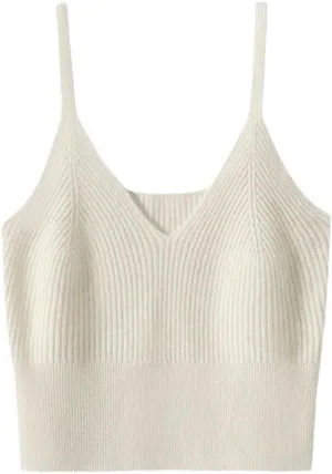 Women's 100%Wool Knitted Cropped Tanks Solid Color Basic Cami Spaghetti Strap Camisole Female Vest