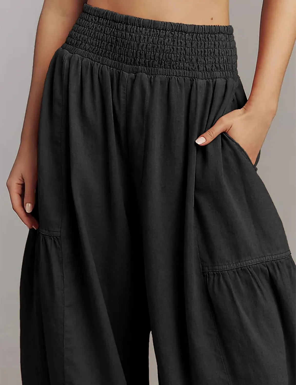 Womens Baggy Wide Leg Pants Casual Elastic Waist and Ankles Bohemian Palazzo Harem Pants with Pockets
