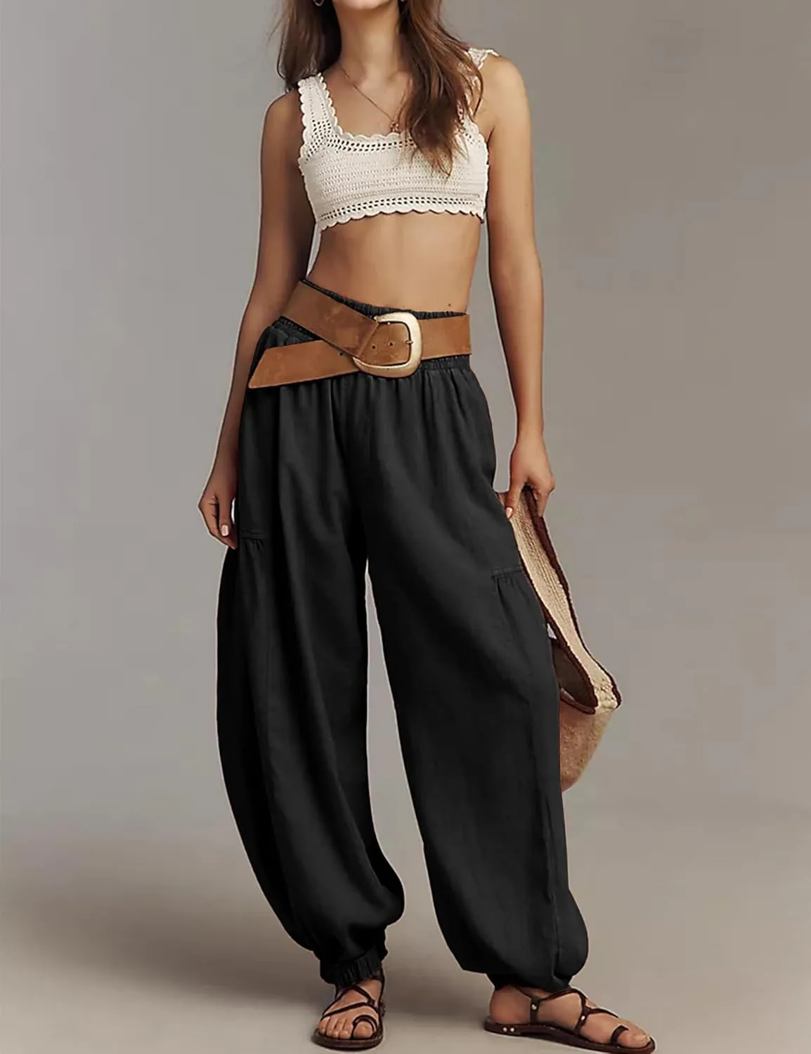 Womens Baggy Wide Leg Pants Casual Elastic Waist and Ankles Bohemian Palazzo Harem Pants with Pockets
